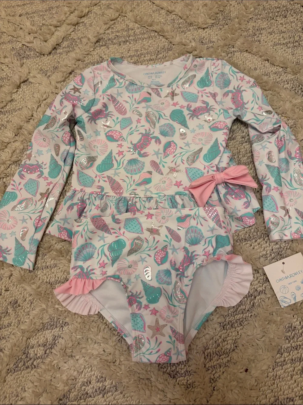 Cynthia Rowley Pink & Teal Seashell Long-Sleeve Rashguard One-Piece